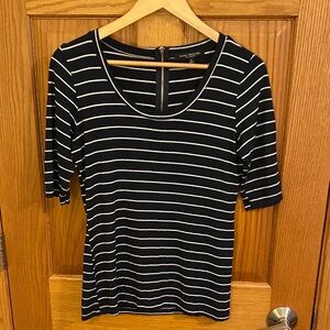 Green Envelope Short Sleeved Striped Top, Half Zip Back Medium